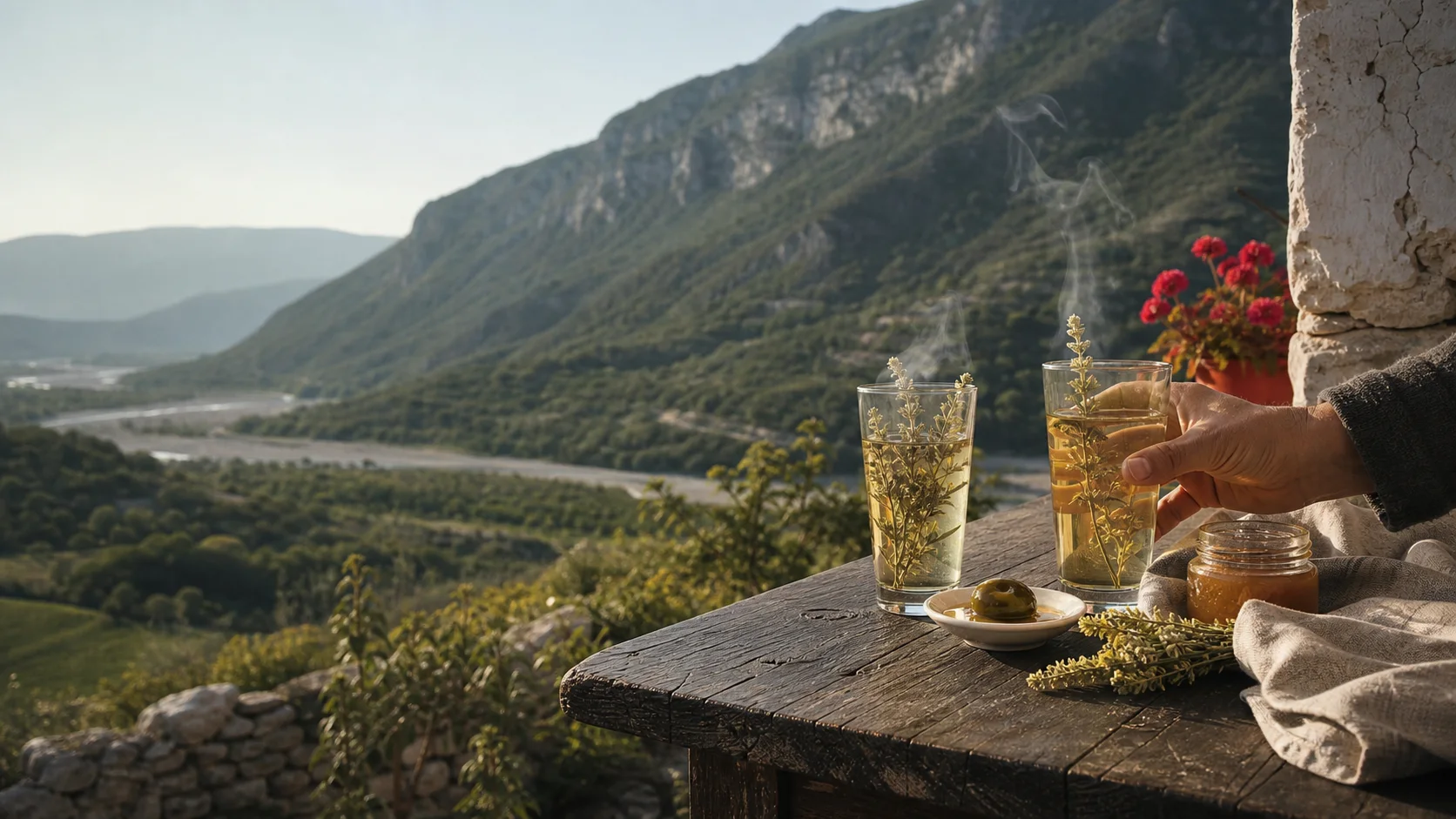 Tea glasses and whole mountain tea stems on a wooden table above a green valley