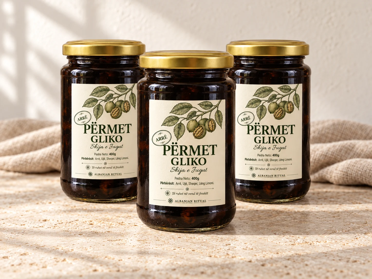 Product visualisation: Green Walnut Gliko — Three Jars