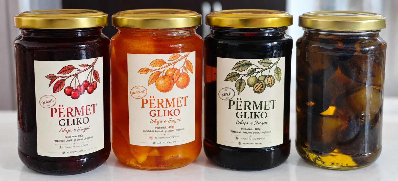 Original photograph of our cherry, orange, walnut and fig gliko jars