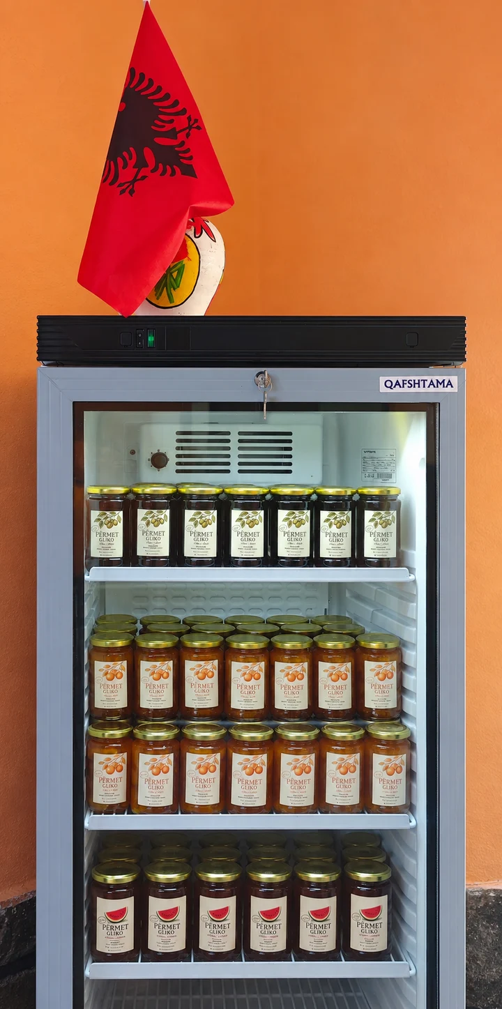 Original photograph of gliko jars on our shelves in Këlcyrë